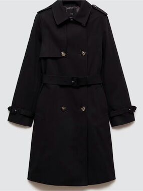 Mango Mid-Length Black Double-Breasted Trench Coat with Belt